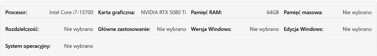 Zrzut ekranu podsumowania informacji o systemie w kalkulatorze wąskich gardeł, pokazujący wybrane CPU, GPU, RAM i inne szczegóły sprzętowe użyte do analizy wydajności.