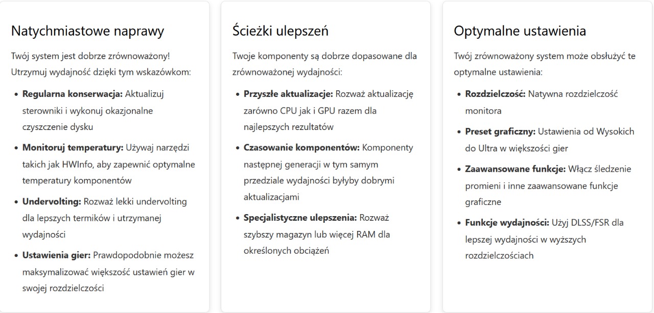 Zrzut ekranu sekcji Rekomendacje dotyczące ulepszeń i optymalizacji w Kalkulator wąskiego gardła, pokazujący szybkie rozwiązania, ścieżki aktualizacji oraz optymalne ustawienia poprawiające wydajność systemu.