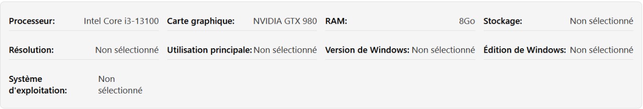 Home - Français 8 Capture d’écran du résumé des informations système dans un calculateur de goulot d’étranglement, affichant le CPU, le GPU, la RAM et d’autres détails matériels sélectionnés pour l’analyse des performances.