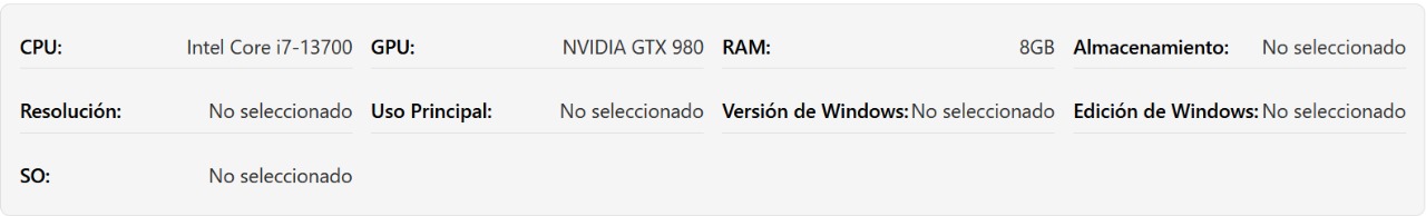 Captura de pantalla del resumen de información del sistema en una calculadora de cuellos de botella, que muestra la CPU, GPU, RAM y otros detalles de hardware seleccionados utilizados para el análisis de rendimiento.