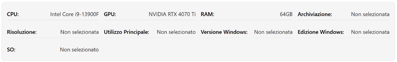 Schermata del riepilogo delle informazioni di sistema in un calcolatore di collo di bottiglia, che mostra la CPU, la GPU, la RAM e altri dettagli hardware selezionati utilizzati per l’analisi delle prestazioni.