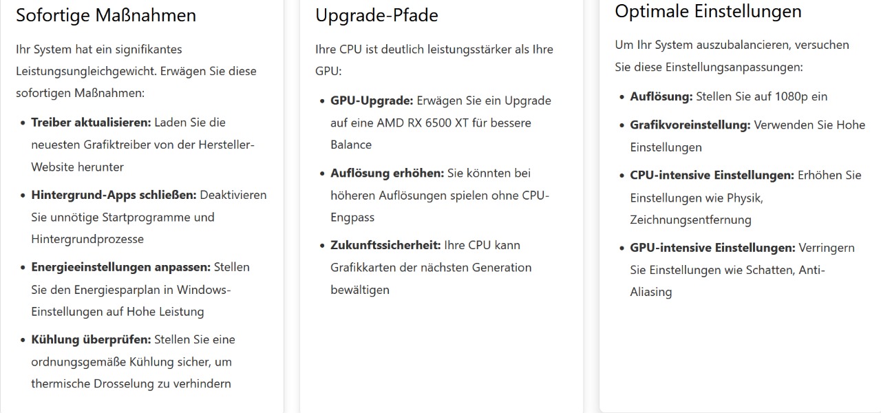 Home - Deutsch 9 Screenshot des Abschnitts „Optimierungs- und Upgrade-Empfehlungen“ in einem Engpass-Rechner, der sofortige Lösungen, Upgrade-Pfade und optimale Einstellungen zur Verbesserung der Systemleistung zeigt.