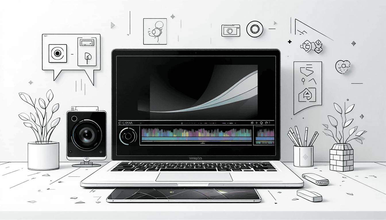 image of a modern laptop workspace with icons representing CPU, GPU, RAM, storage, and digital content creation tools, highlighting efficiency and performance for content creators