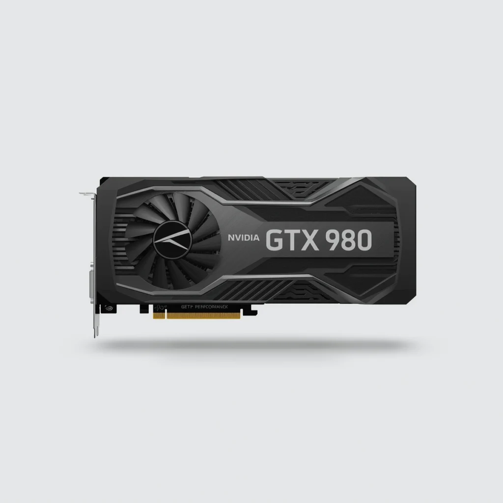 Home - Deutsch 11 Bild der NVIDIA GTX 980 Grafikkarte, die in einem Praxistest mit einem Engpass-Rechner zusammen mit einem Intel Core i3-13100 Prozessor verwendet wurde, um GPU-Leistungsbegrenzungen zu messen.