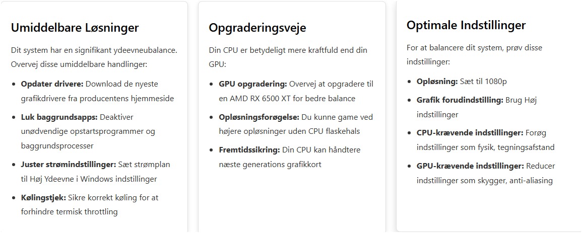 Skærmbillede af sektionen Optimering & opgraderingsanbefalinger i en flaskehalsberegner, der viser øjeblikkelige rettelser, opgraderingsveje og optimale indstillinger for at forbedre systemets ydeevne.