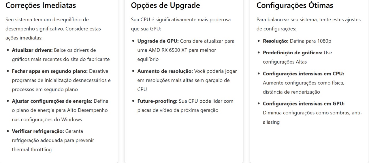 Captura de tela da seção de Recomendações de Otimização e Upgrade na Calculadora de Gargalos, mostrando correções imediatas, caminhos de upgrade e configurações ótimas para melhorar o desempenho do sistema.