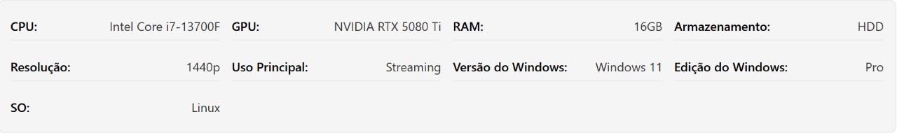 Captura de tela do resumo de informações do sistema na Calculadora de Gargalos, exibindo a CPU, GPU, RAM e outros detalhes de hardware selecionados para a análise de desempenho.