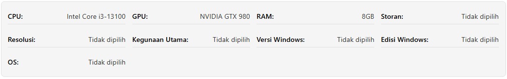 Tangkapan skrin ringkasan maklumat sistem dalam Kalkulator Bottleneck, memaparkan CPU, GPU, RAM, dan butiran perkakasan lain yang dipilih untuk analisis prestasi.