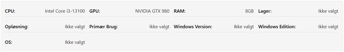 Skærmbillede af systeminformationsoversigten i en flaskehalsberegner, der viser valgte CPU-, GPU-, RAM- og andre hardwareoplysninger, som bruges til ydelsesanalyse.