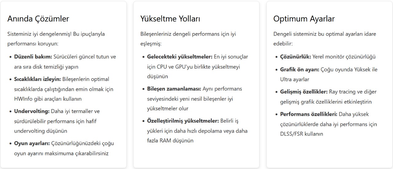 “Darboğaz Hesaplayıcısında Optimizasyon ve Yükseltme Önerileri bölümü ekran görüntüsü; sistem performansını artırmak için acil çözümler, yükseltme yolları ve optimal ayarları gösteriyor.”