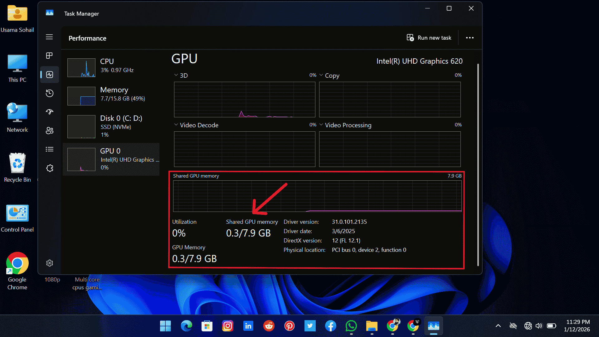 Task Manager showing GPU memory usage to check GPU VRAM health