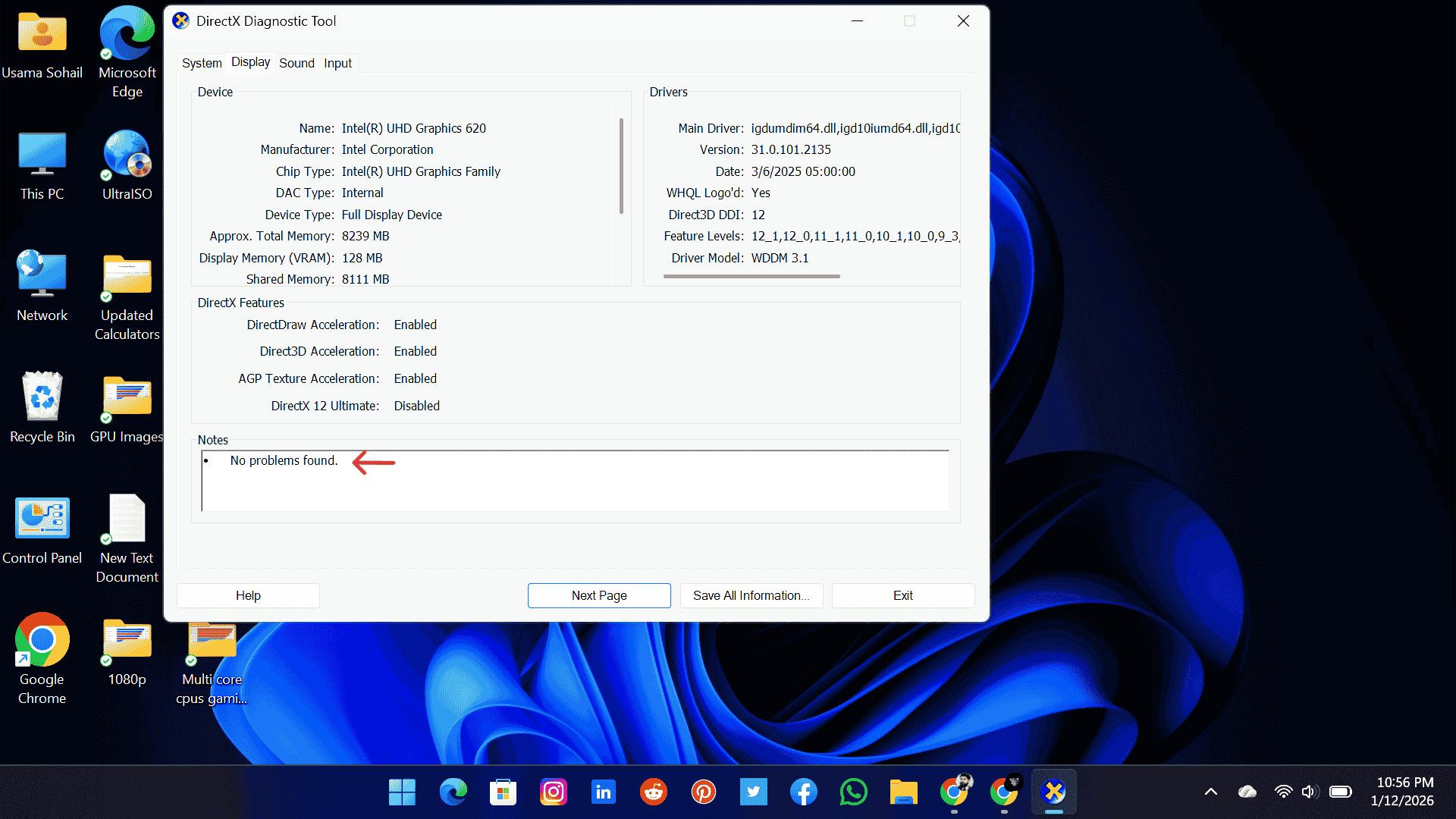 Check GPU health using DirectX Diagnostic Tool (DxDiag) showing GPU details in Windows