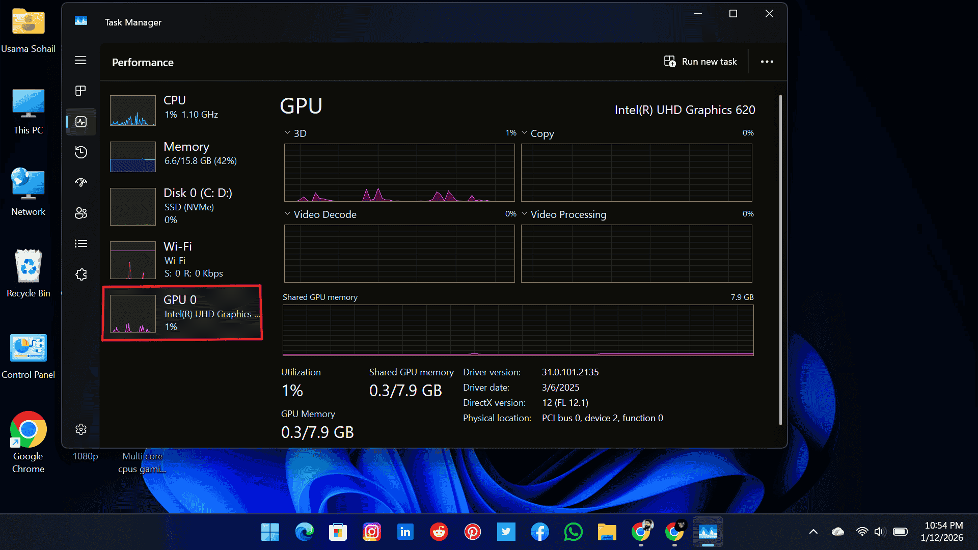 Check GPU health using Task Manager in Windows showing GPU usage and performance metrics
