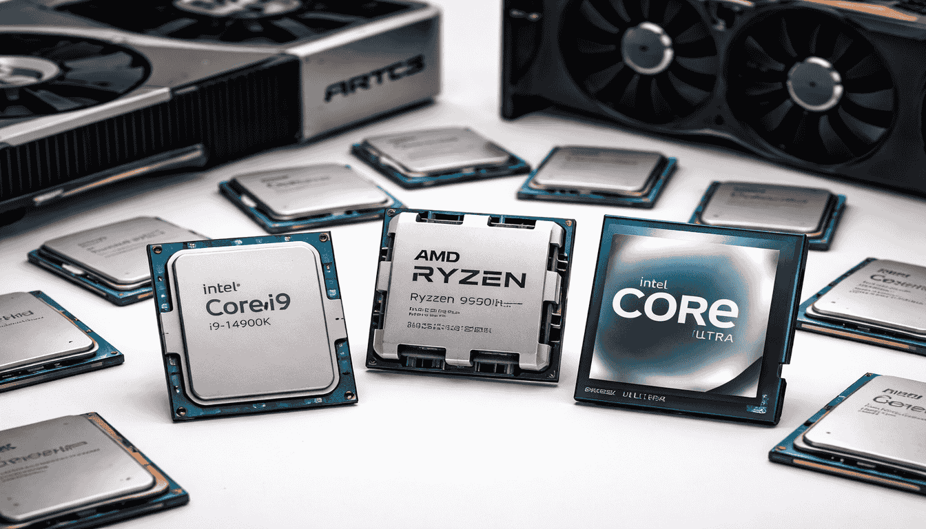 Modern desktop and laptop CPUs displayed on a white background, illustrating CPU benchmarks and performance comparisons