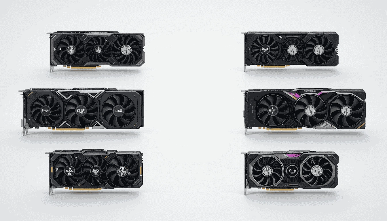 High-end graphics cards displayed on a white background for GPU benchmarks and performance comparison