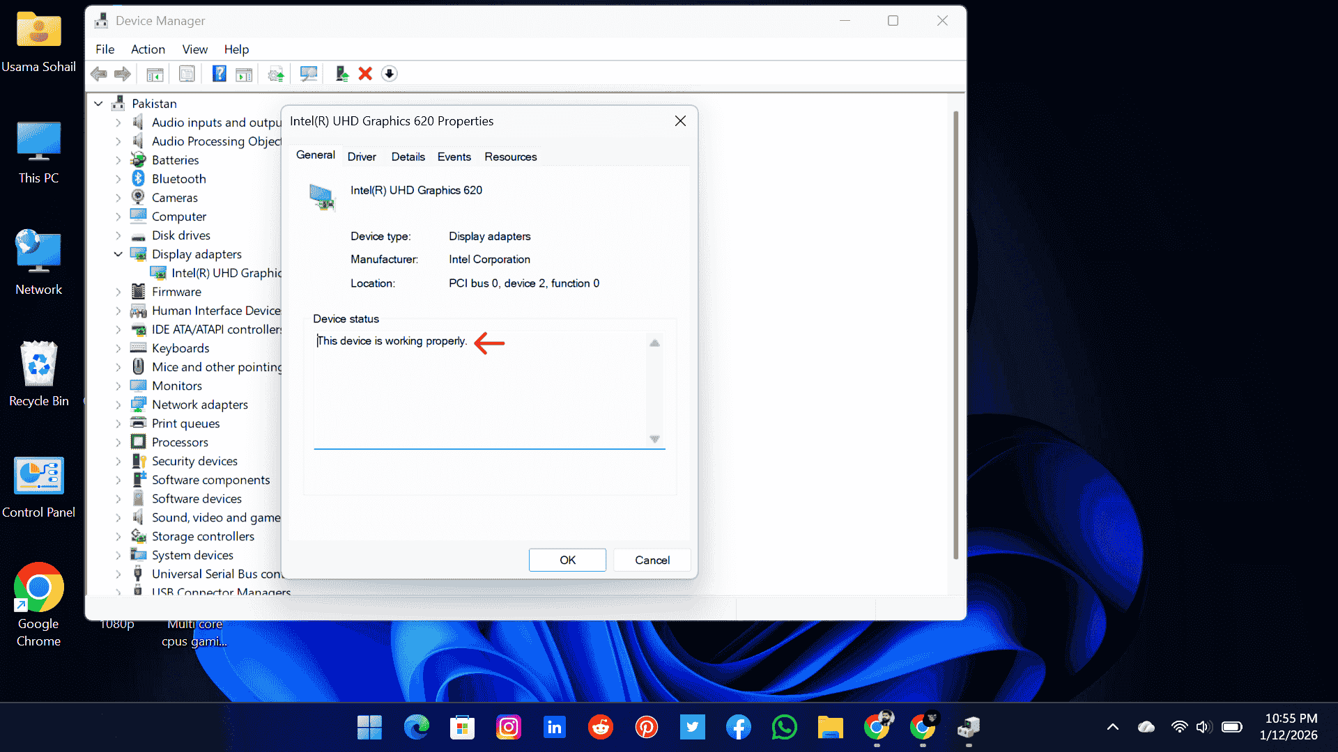 GPU health check in Device Manager showing graphics card status in Windows