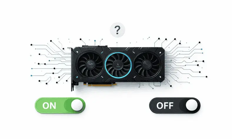 Graphics card with on and off toggle switches representing Hardware Accelerated GPU Scheduling setting in Windows 11