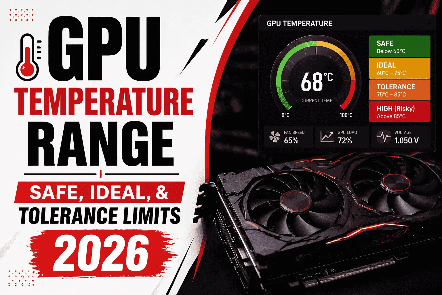 GPU Temperature Range | Safe, Ideal, & Tolerance Limits 2026 11 GPU temperature range in 2026 illustrating safe, ideal, and maximum tolerance limits with a real-time monitoring display for performance stability and thermal safety.