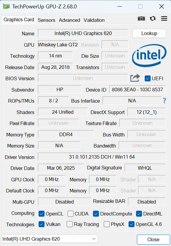 GPU-Z graphics card tab showing Intel UHD Graphics 620 specifications and core details with GPU temperature range insights