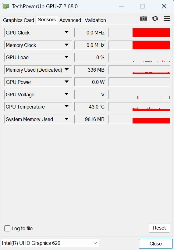 GPU-Z sensors tab displaying GPU temperature, clock speeds, and memory usage for Intel UHD Graphics 620 to track safe GPU temperature range