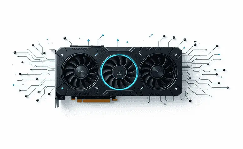 Graphics card with digital circuit lines representing Hardware Accelerated GPU Scheduling and performance optimization