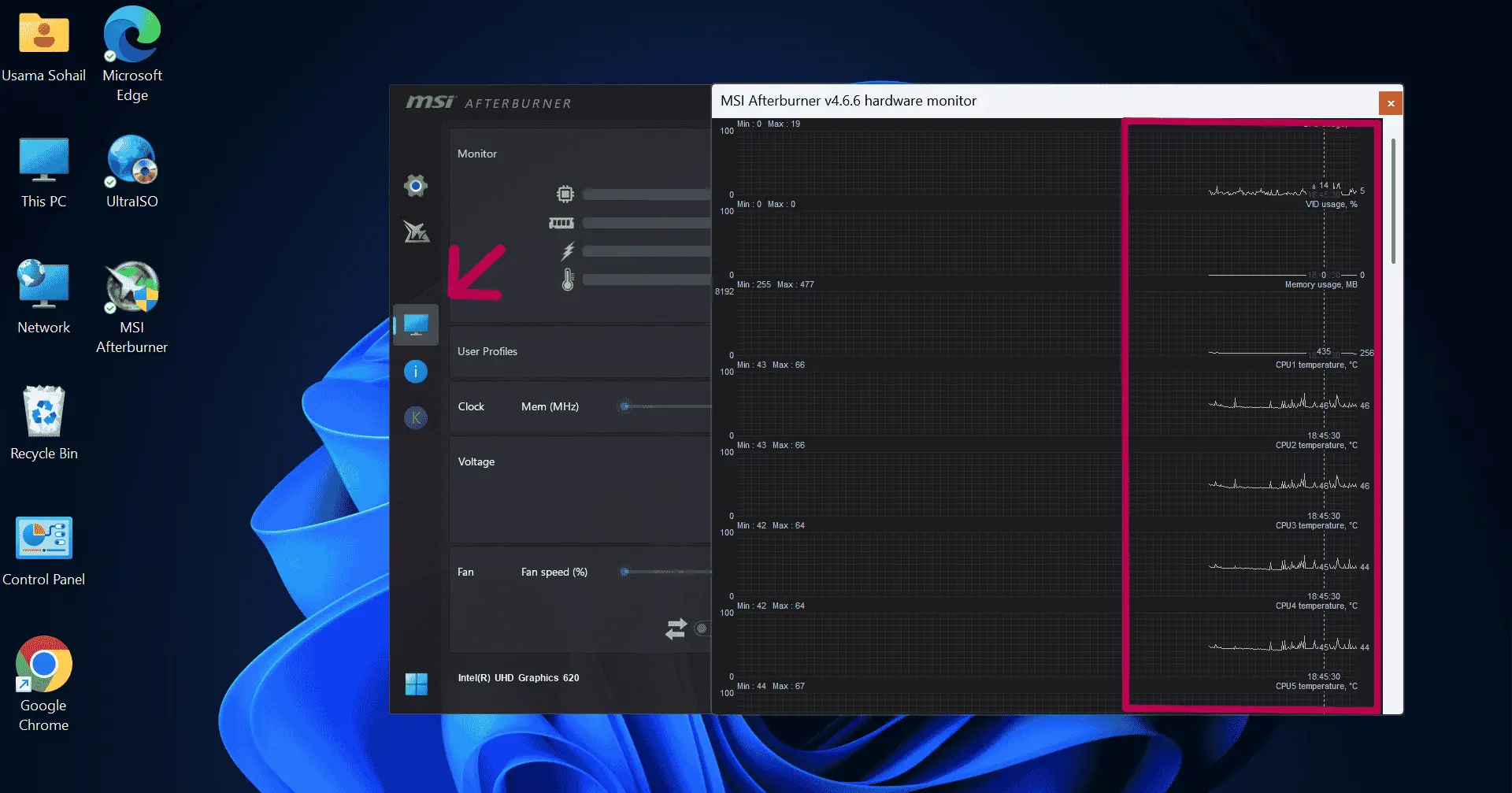 MSI Afterburner dashboard used to track GPU temperature range and system performance