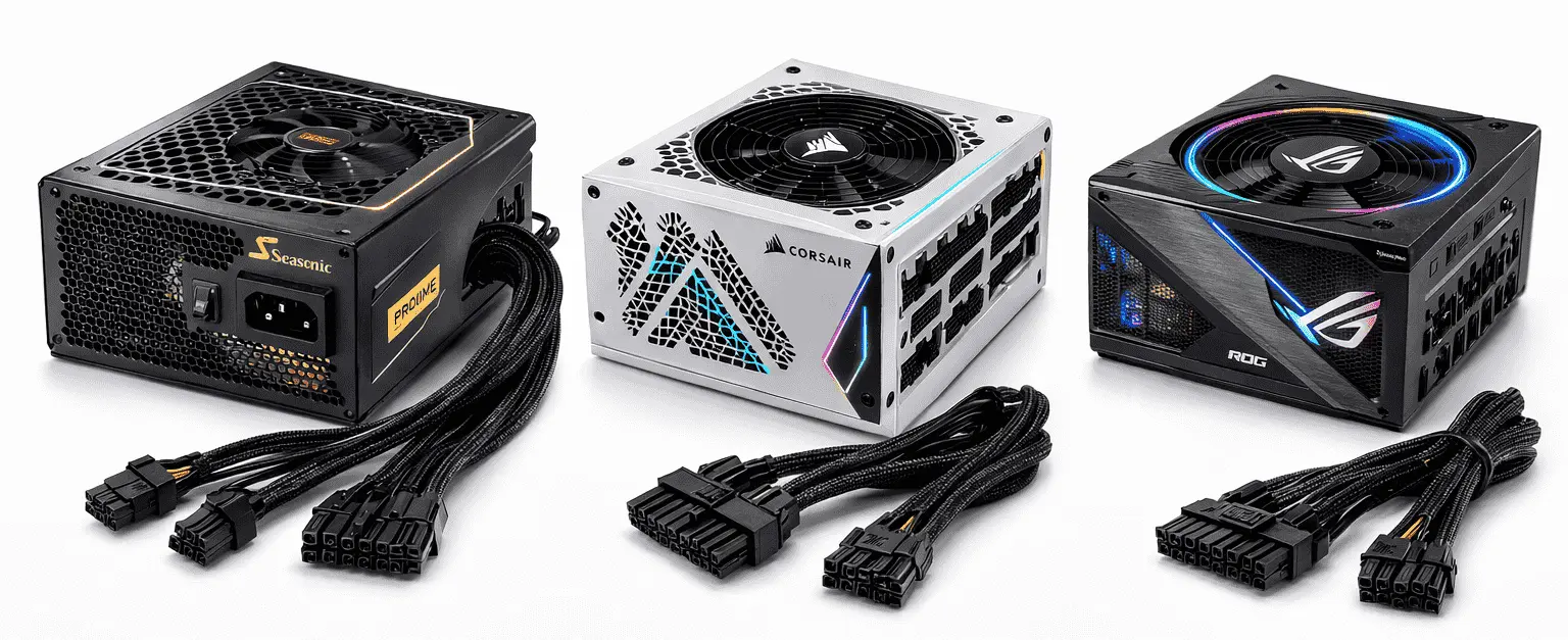 Best power supplies in 2026 displayed side by side with modular cables, featured in the PSU Tier List ranking to help users choose the best PSU for gaming, workstation, or high-performance PC build requirements.