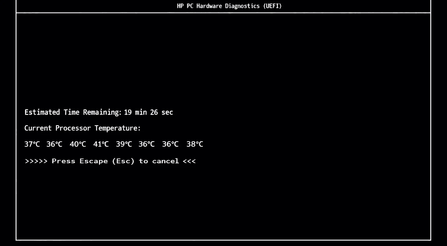 CPU Temperature Monitoring | Recommended Software & Hardware Solutions (2026) 2 HP UEFI Hardware Diagnostics displaying CPU idle temperatures before stress test, showing individual core temperatures from 36°C to 41°C, helping users monitor baseline CPU temperature