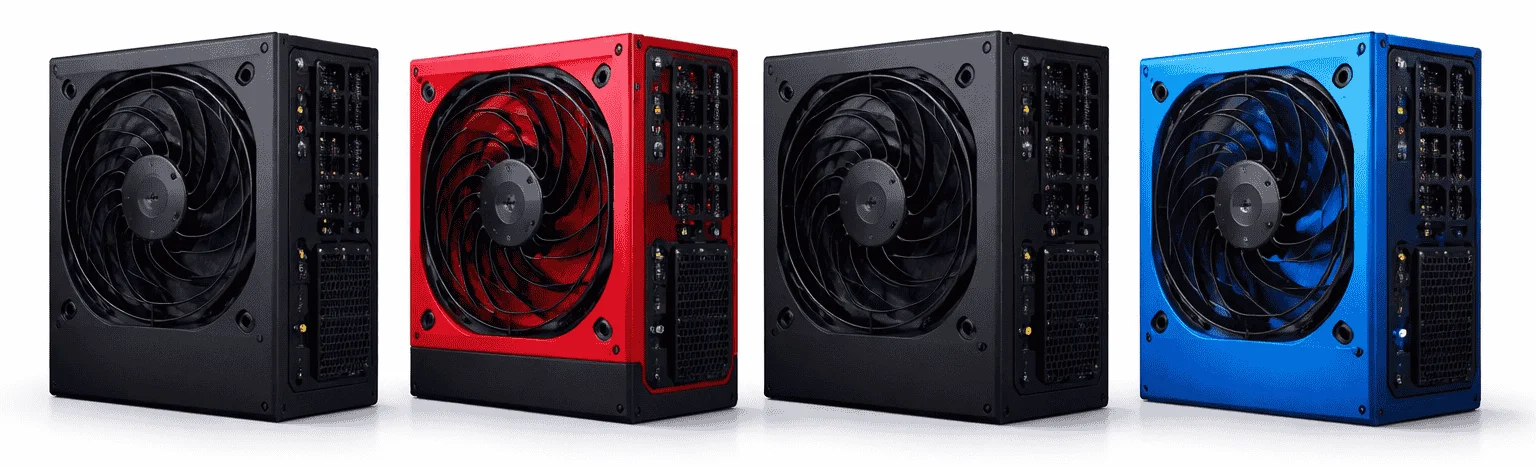 ATX power supply units displayed vertically for PSU tier list comparison on white background.