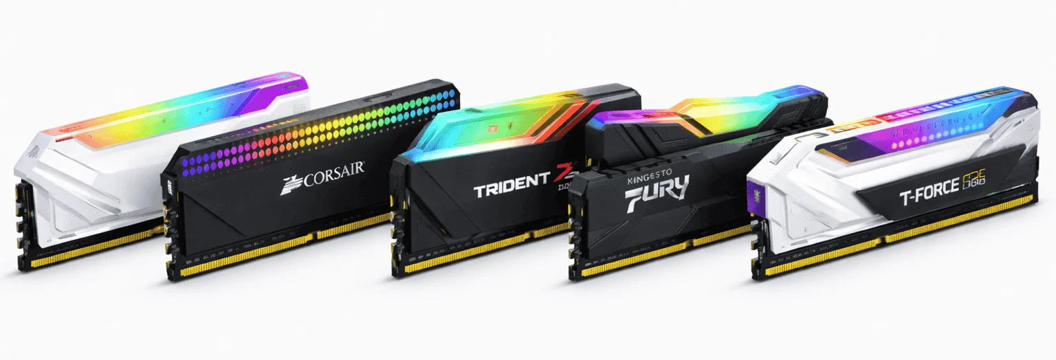After using RAM Latency Calculator, recommended high-end RAM modules including Corsair Radiant, Kingston Fury T-Force displayed in a row on a pure white background