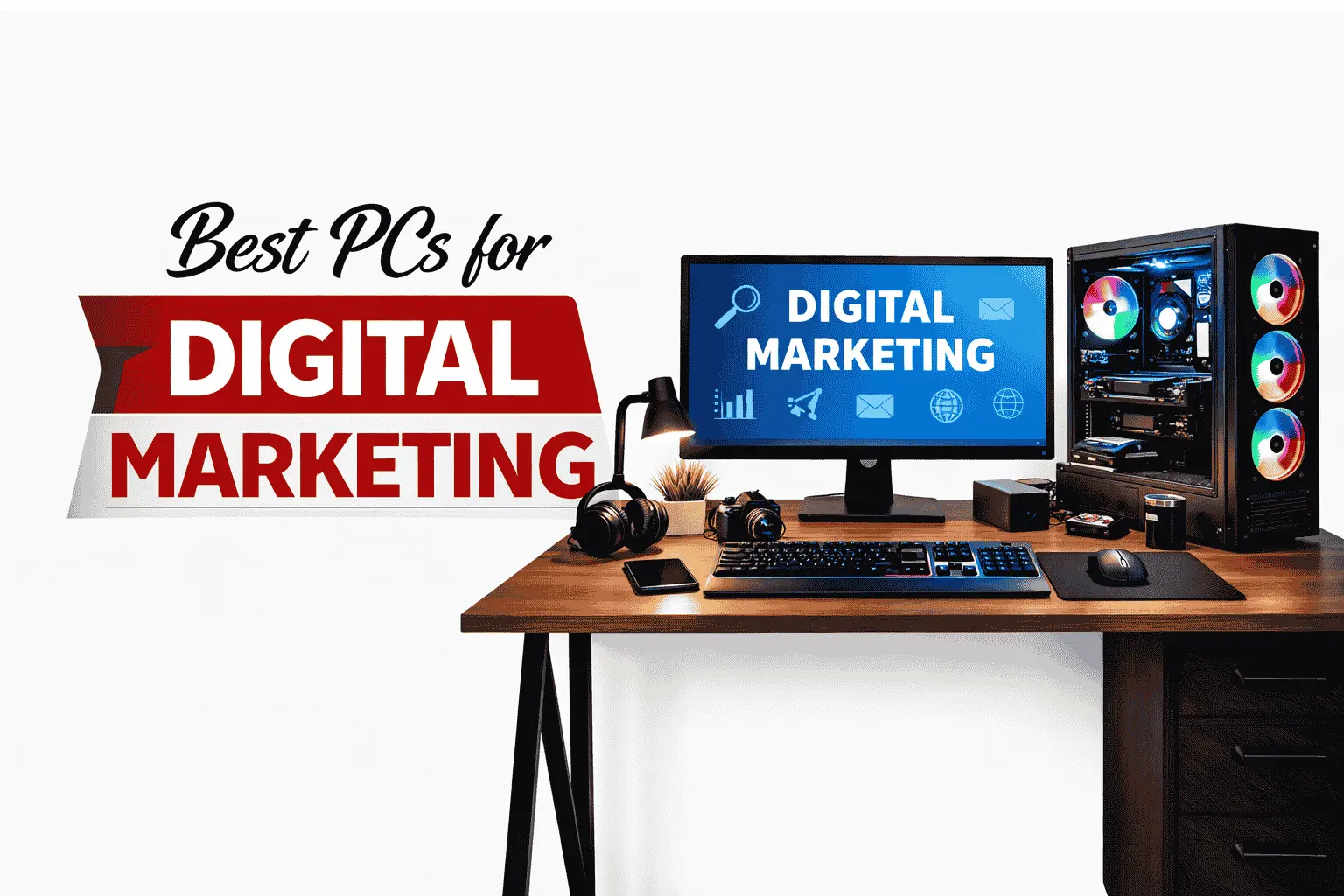 Best PC for Digital Marketers, Professional workstation setup with LED monitor, CPU, GPU, RAM, and SSD for digital marketing tasks.