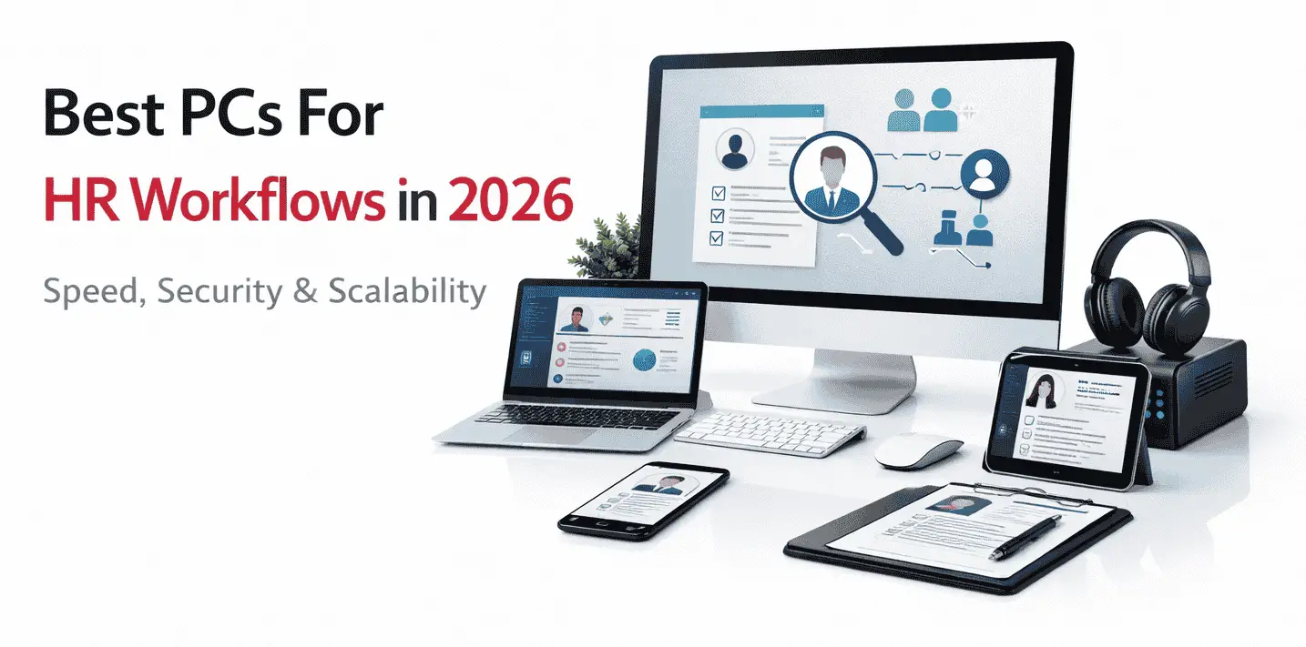 Modern HR workspace featuring desktop computers, laptops, and digital recruitment tools with the text “Best PCs for HR Work in 2026” displayed on a clean white background.