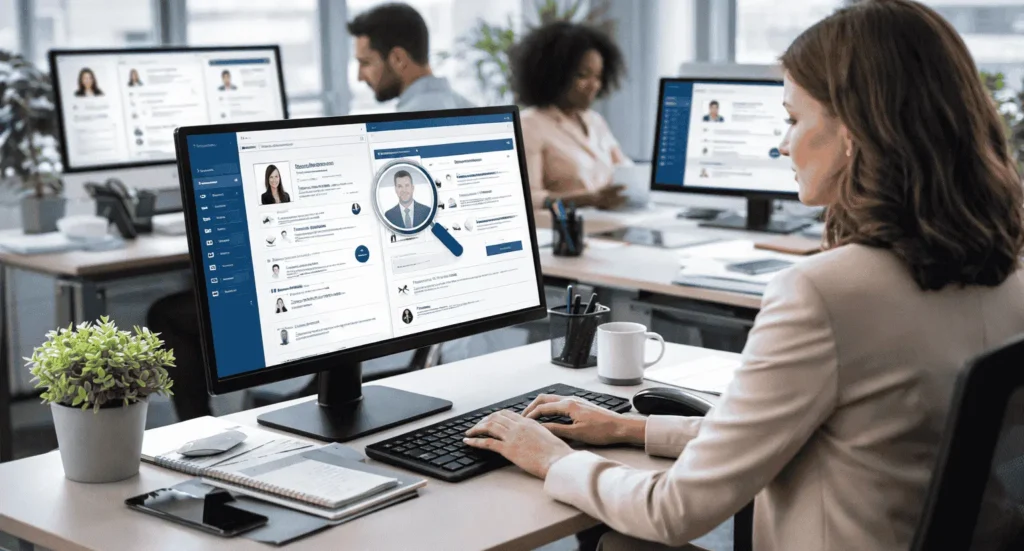 HR professionals working on desktop computers in a modern office, reviewing candidate profiles and managing recruitment tasks in a professional environment.