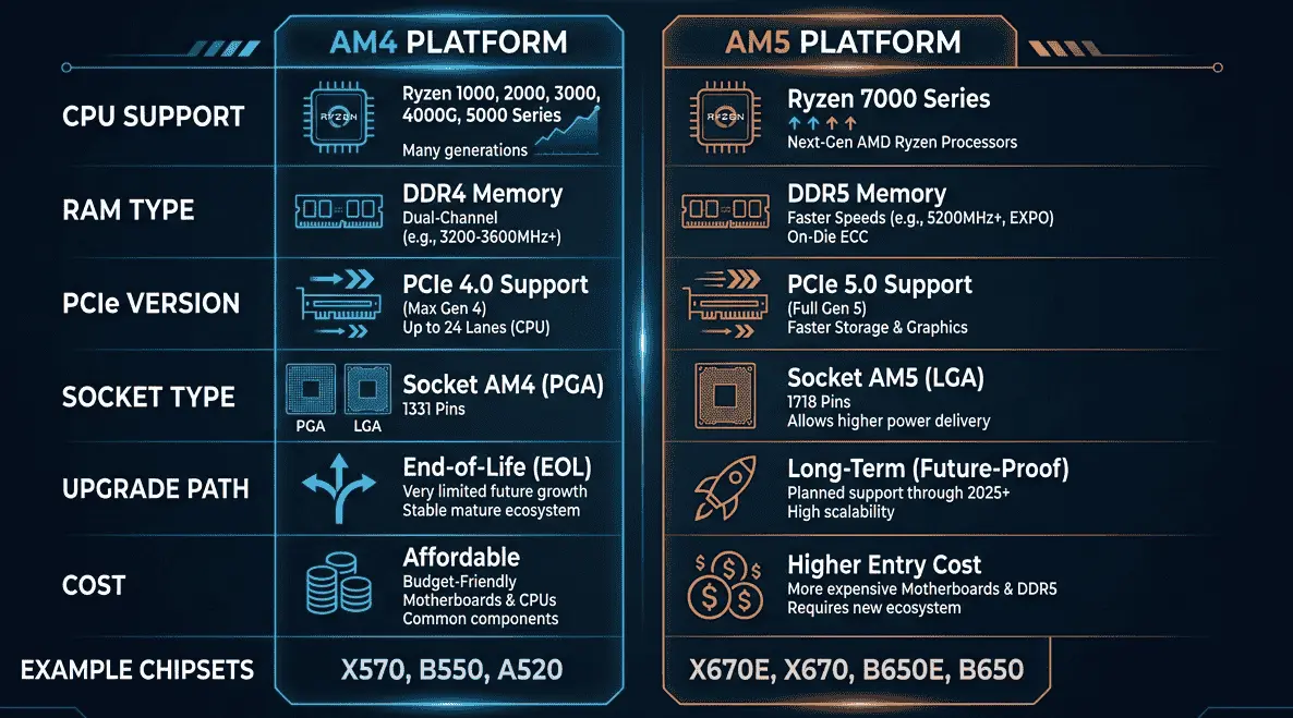Best AM4 CPU for Gaming In 2026 | Tested & Reviewed 7 AMD AM4 vs AM5 CPU socket comparison showing DDR4 vs DDR5 support PCIe 4.0 vs PCIe 5.0 and upgrade path differences for gaming PCs.