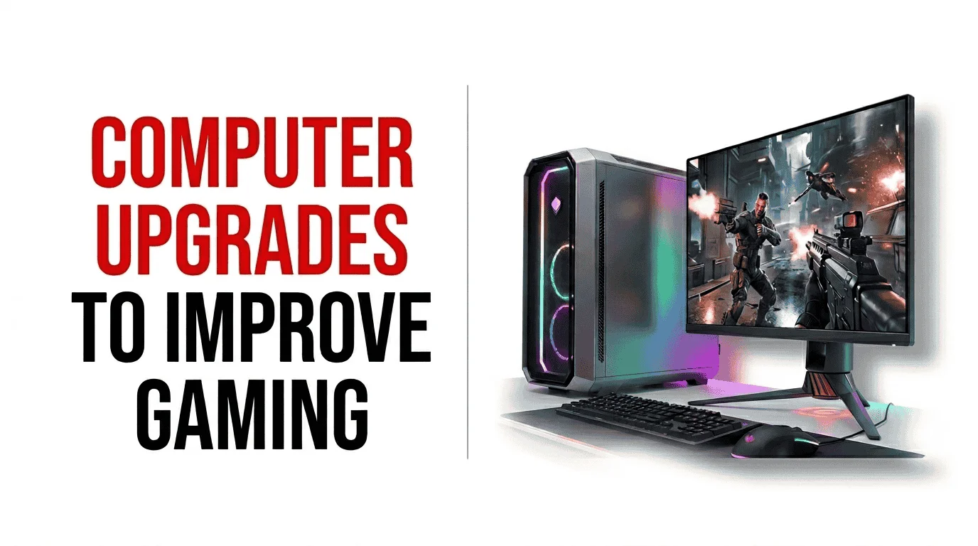 A guide to improving gaming performance through hardware upgrades, featuring a high-end RGB PC setup. The image emphasizes that upgrading the Graphics Card (GPU) and Processor (CPU) is the most effective way to enhance 4K gaming and high-refresh-rate gameplay.