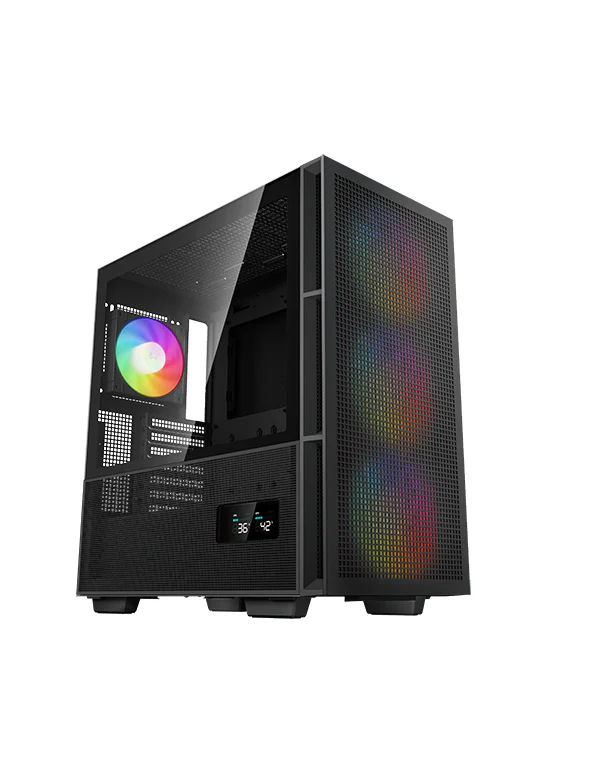 DeepCool CH560 mid tower PC case with mesh front panel, pre-installed high airflow fans, and spacious interior. Suitable for gaming PCs that require stable cooling and easy hardware upgrades.