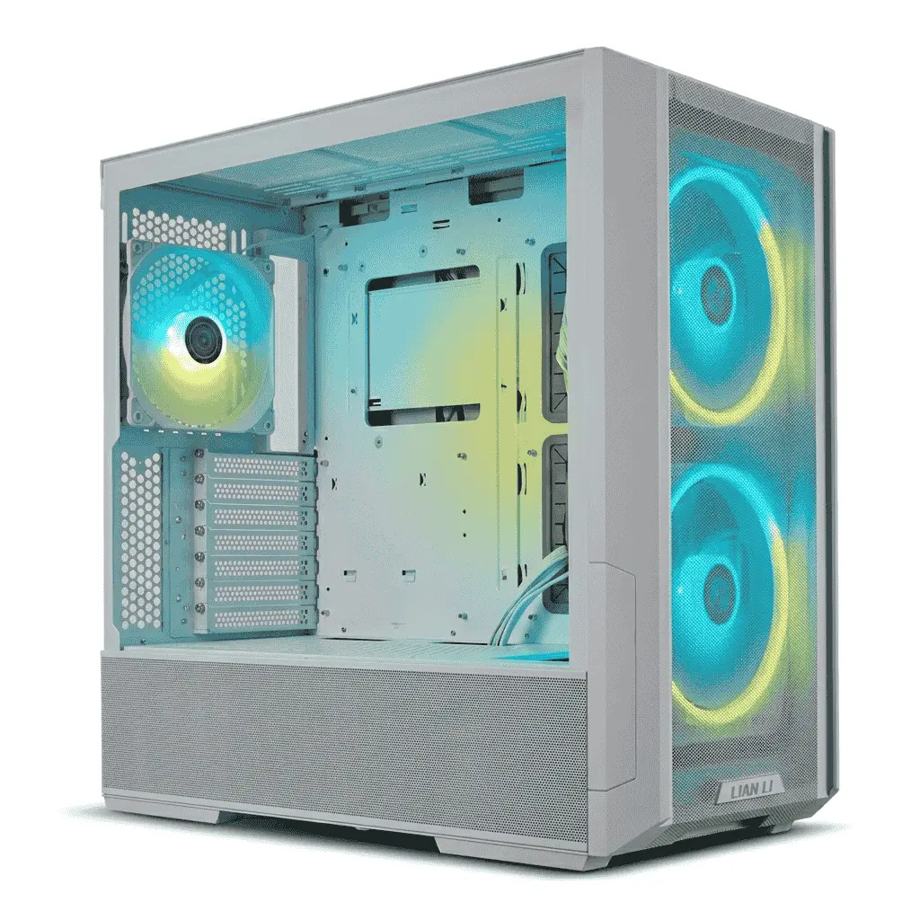 Lian Li Lancool 216 mid tower PC case featuring dual large front intake fans and optimized airflow layout. Ideal for gamers looking for high cooling performance and support for large GPUs and radiators.