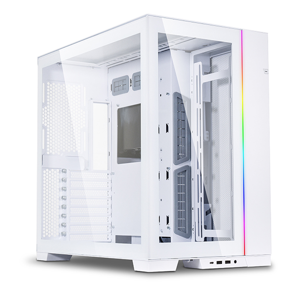 Lian Li O11 Dynamic EVO mid tower PC case with dual chamber layout and multiple intake configurations. Ideal for custom liquid cooling builds with tempered glass panels and modular design.