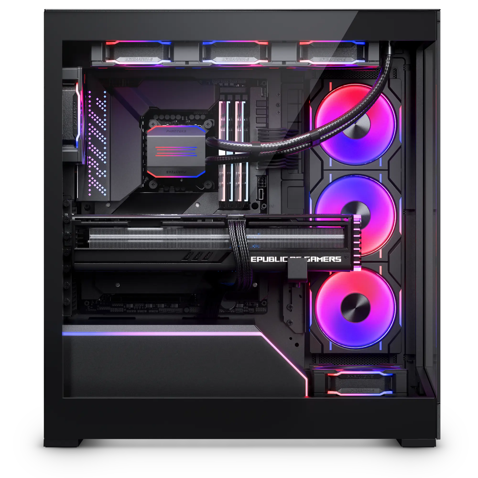 Phanteks NV5 PC case with panoramic tempered glass panels, RGB lighting support, and spacious interior layout. One of the best PC cases for showcasing high-end gaming builds and custom cooling setups.