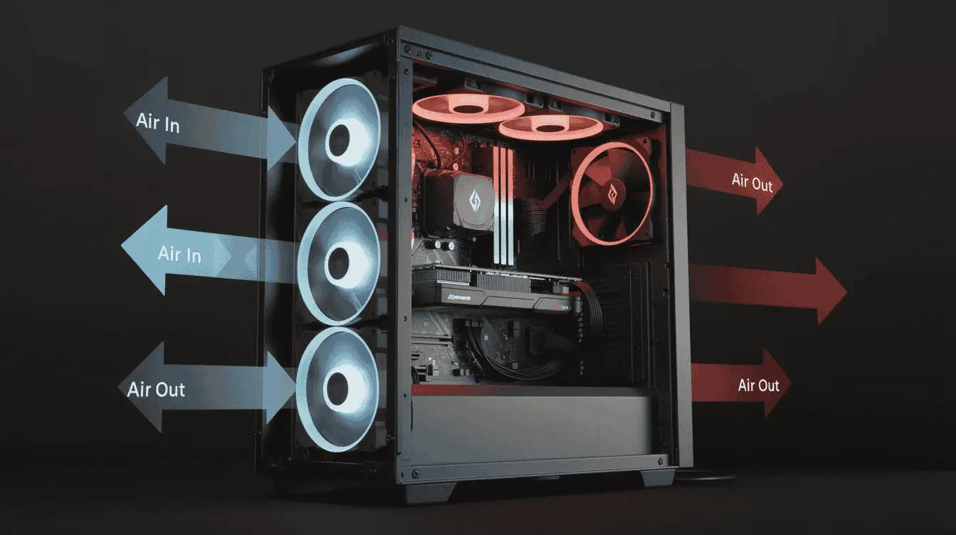 The Best Computer Upgrades To Improve Gaming Performance In 2026 3 A high-end gaming PC showing efficient cooling fans and a reliable power supply unit (PSU). The image illustrates that proper cooling and power are essential to prevent thermal throttling and system crashes during heavy gaming sessions.