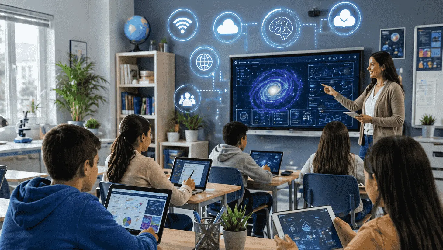 Via classroom technology, students using laptops and interactive smart board in a modern classroom to learn AI, digital tools, and real-time data concepts.