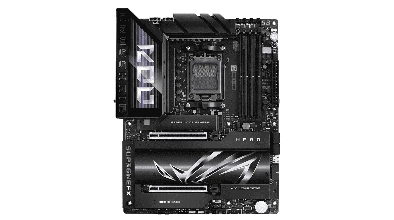 ASUS ROG Crosshair X870E Hero motherboard for Ryzen 7 9800X3D with premium AM5 features, PCIe 5.0 support, and advanced power delivery.