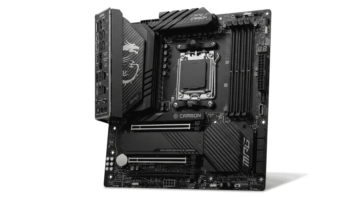 MSI MPG X870E Carbon WiFi motherboard compatible with Ryzen 7 9800X3D, featuring DDR5 support, Wi-Fi 7, and PCIe 5.0 connectivity.