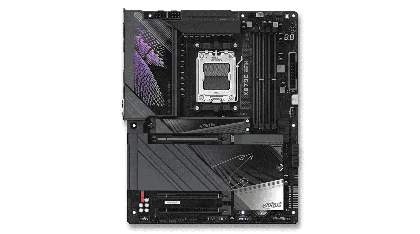 Gigabyte X870E AORUS Master AM5 motherboard designed for Ryzen 7 9800X3D gaming builds with high-speed storage and expansion support.