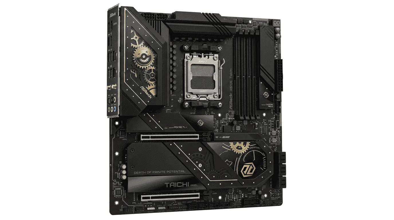 ASRock X870E Taichi motherboard for Ryzen 7 9800X3D featuring premium networking, multiple M.2 slots, and enthusiast-grade AM5 support.