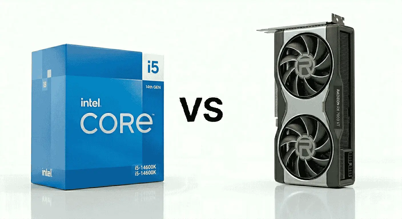 Intel Core i5-14600K and Radeon RX 7800 XT gaming combo for high refresh rate 1440p gaming. Balanced setup for AAA games, strong raster performance, and modern gaming PCs.