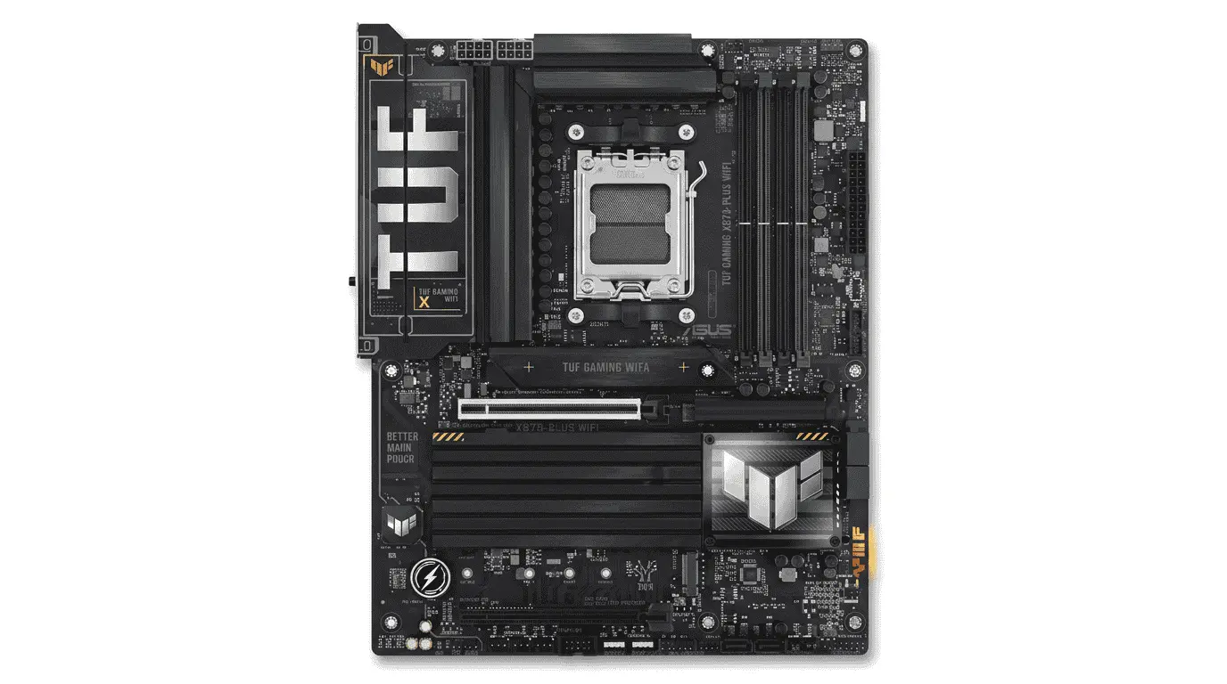 ASUS TUF Gaming X870-Plus WiFi motherboard compatible with Ryzen 7 9800X3D, offering reliable performance and modern AM5 connectivity.
