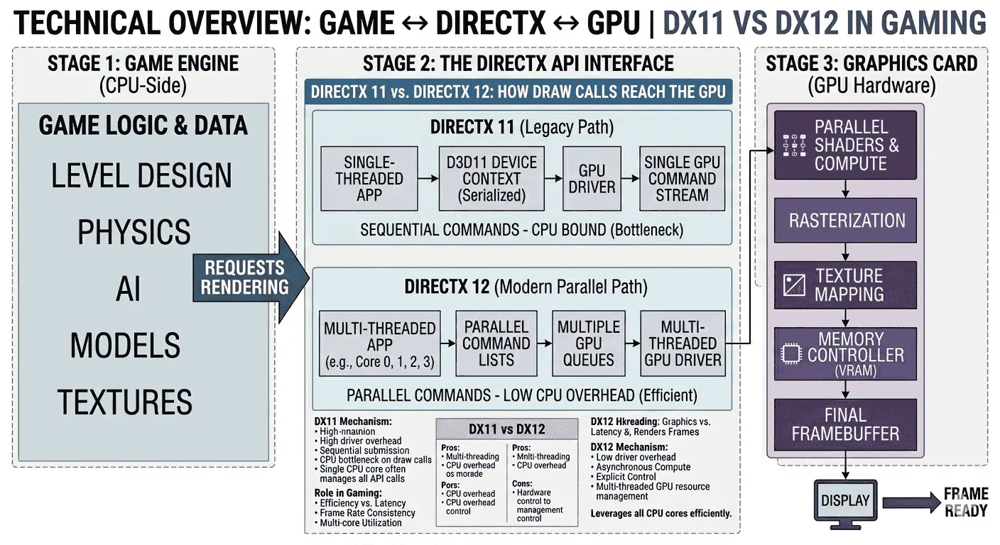 How DirectX 11 vs 12 work in PC gaming with GPU rendering, API communication, and graphics processing comparison