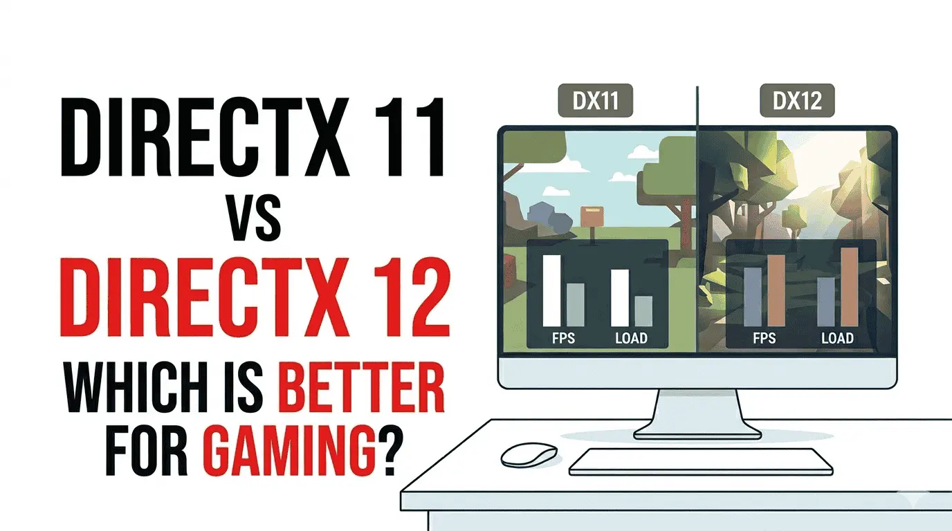 DirectX 11 vs DirectX 12 for gaming comparison showing FPS, graphics quality, performance differences, and modern gaming features