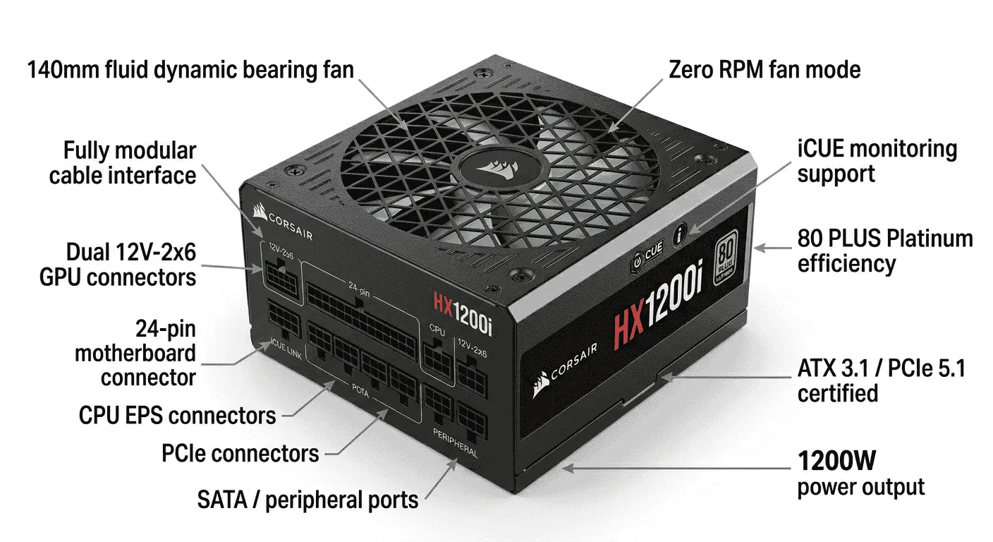 Best PSU for RTX 5090: Corsair HX1200i ATX 3.1 with Platinum efficiency, iCUE monitoring, and native 12V-2x6 GPU cables.